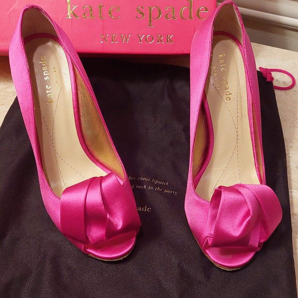 Kate Spade Clarice Pink Satin Bow Open Toe Stiletto Pumps, Size 5.5b